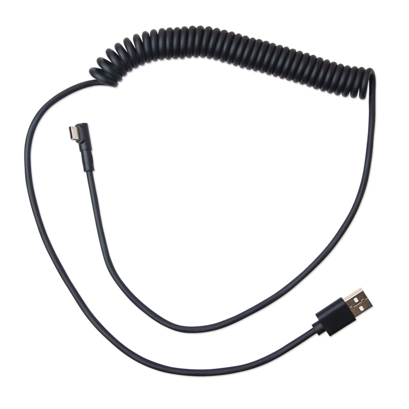 Black 90° USB-C to USB-A Coiled Cable – 7 ft featuring a coiled design and a 90° right-angle connector on one end.