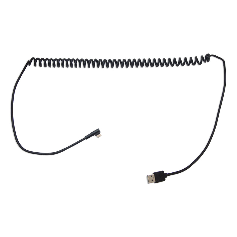 Black coiled 90° USB-C to USB-A cable by Arkon Mounts with a right-angle connector on one end and a standard USB-A connector on the other.