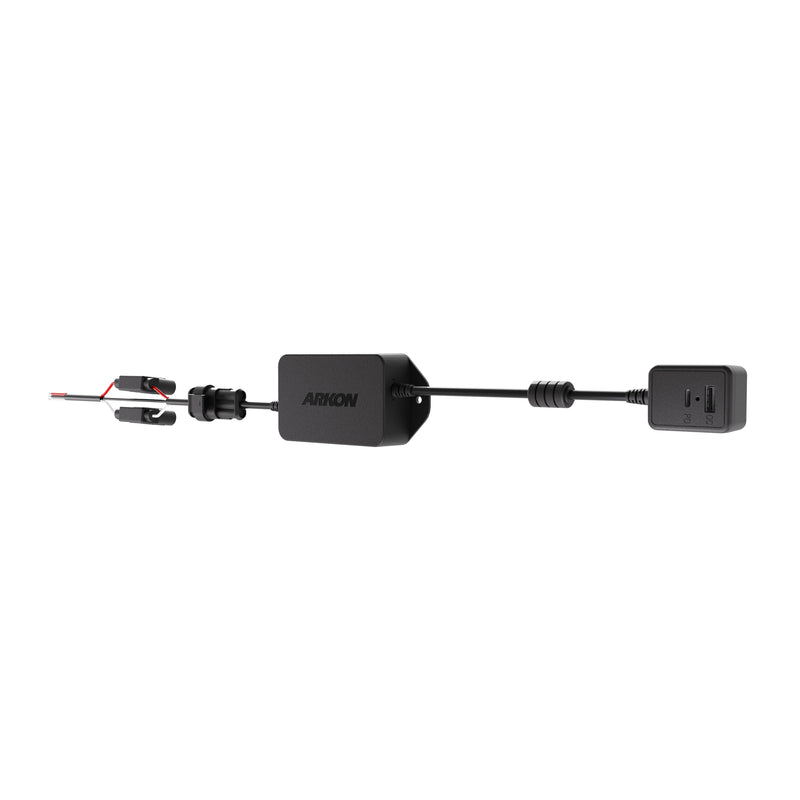 A black Arkon Mounts 60W USB-C & USB-A Charging Harness with exposed red and black wires on one end and a rectangular outlet on the other, designed to support Quick Charge 3.0 for fast, efficient device charging. The adapter is shown against a white background.