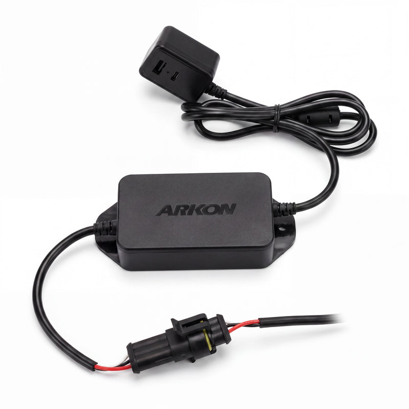 A black Arkon Mounts 60W USB-C & USB-A Charging Harness, featuring an attached connector plug and red and black wires, Quick Charge 3.0 capability, and displayed on a white background.