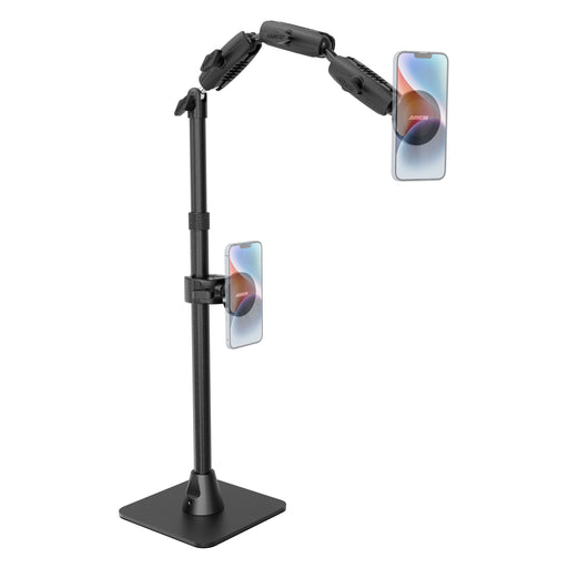 The Remarkable Creator™ Cookie Decorators Mount with MagSafe Holders is an adjustable black stand featuring two flexible arms, each equipped with a MagSafe holder to secure smartphones in portrait orientation. Its sturdy base ensures stable support on flat surfaces, making it the perfect content creation tool for streaming, filming tutorials, or capturing hands-free videos.