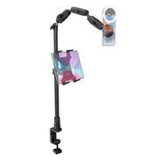 Remarkable Creator™ Pro+Plus Clamp Mount - MagSafe Compatible in black, securely holds a tablet horizontally and a smartphone vertically—both devices shown with vibrant screens against a white background—making it the perfect overhead phone mount for versatile content creation.