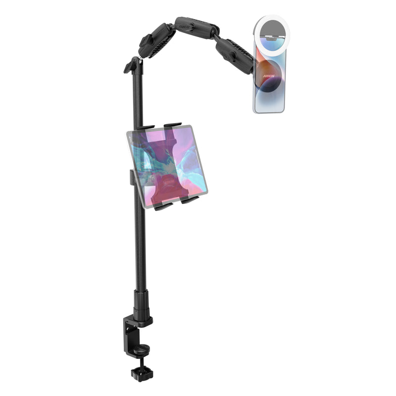 Remarkable Creator™ Pro+Plus Clamp Mount - MagSafe Compatible in black, securely holds a tablet horizontally and a smartphone vertically—both devices shown with vibrant screens against a white background—making it the perfect overhead phone mount for versatile content creation.