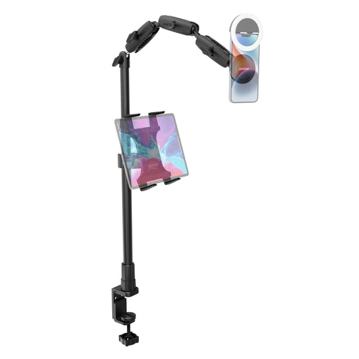 Remarkable Creator™ Pro+Plus Clamp Mount - MagSafe Compatible in black, securely holds a tablet horizontally and a smartphone vertically—both devices shown with vibrant screens against a white background—making it the perfect overhead phone mount for versatile content creation.