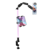 The Remarkable Creator™ Pro+Plus Clamp Mount - MagSafe Compatible features two flexible arms that securely hold a tablet and a smartphone, mounting to the edge of a table. Ideal as an overhead phone mount, it displays both devices with vibrant screens.
