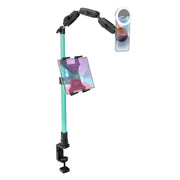The Remarkable Creator™ Pro+Plus Clamp Mount - MagSafe Compatible features a teal vertical pole and two separate adjustable arms to securely hold both a tablet and phone, offering flexible joints for precise device positioning—ideal as an overhead phone mount for creators who need versatile desk or table setups.