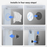 Instruction graphic for installing the Universal Belt Clip Holder for Smartphones, Cameras, Radios, Walkie Talkies, and Remotes: clean device surface, apply adhesive to button and attach, let cure, then slide tab into clip to lock; press release to remove.