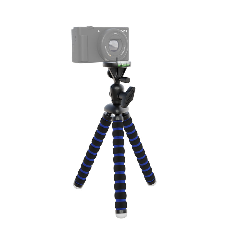 The 11 Inch Flexible Camera Tripod for Canon, Nikon, Samsung, and other 1/4-20 digital cameras with black and blue striped legs holds a compact camera on a white background—ideal for content creators.