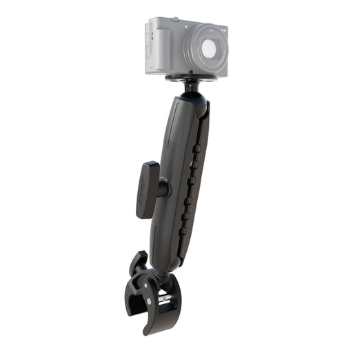 A black RoadVise® Clamp Mount with a circular camera mounting pattern, featuring an adjustable bottom clamp and a sturdy 1/4″-20 mount for secure attachment of a compact digital camera at the top.