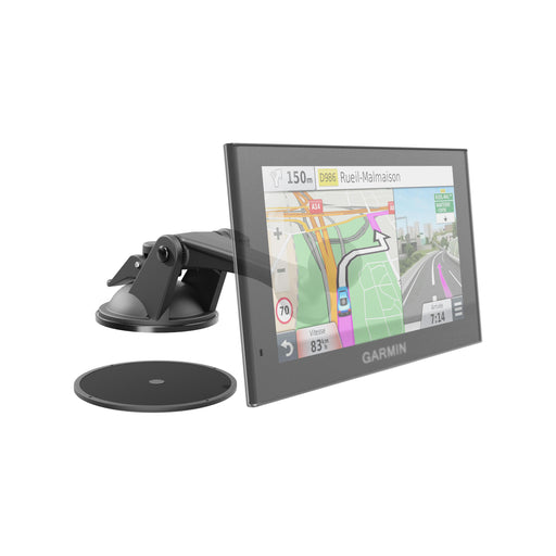 A Sticky Suction Windshield or Dash Car Mount with 3 Arm securely holds your Garmin nuvi GPS, displaying vibrant maps and driving directions with an adjustable angle to showcase both the screen and durable mounting mechanism.