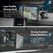 The Sticky Suction Windshield or Dash Car Mount with 3 Arm secures your Garmin nuvi GPS to the dashboard. Features: low profile, strong hold, strong suction, and clean removal. The GPS displays a navigation map.