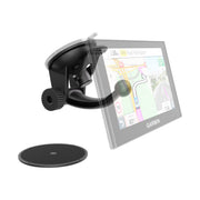 An Arkon Mounts Windshield or Dashboard Suction Car Mount for Garmin nuvi 40, 50, 1450, and 1200 Series GPS devices is shown at an angle with a transparent suction cup attached, showcasing its adaptable design. A separate round adhesive dashboard disk is displayed in the foreground, highlighting the flexibility of this car mount for secure use on either windshields or dashboards.