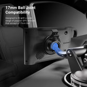 An Arkon Mounts windshield or dashboard suction car mount, designed for Garmin nuvi 40, 50, 1450, and 1200 Series GPS devices, features a 17mm ball joint for versatile compatibility with various GPS mounts—including the Garmin Nuvi and other suction windshield mounts. Text reads: “17mm Ball Joint Compatibility” with product description.