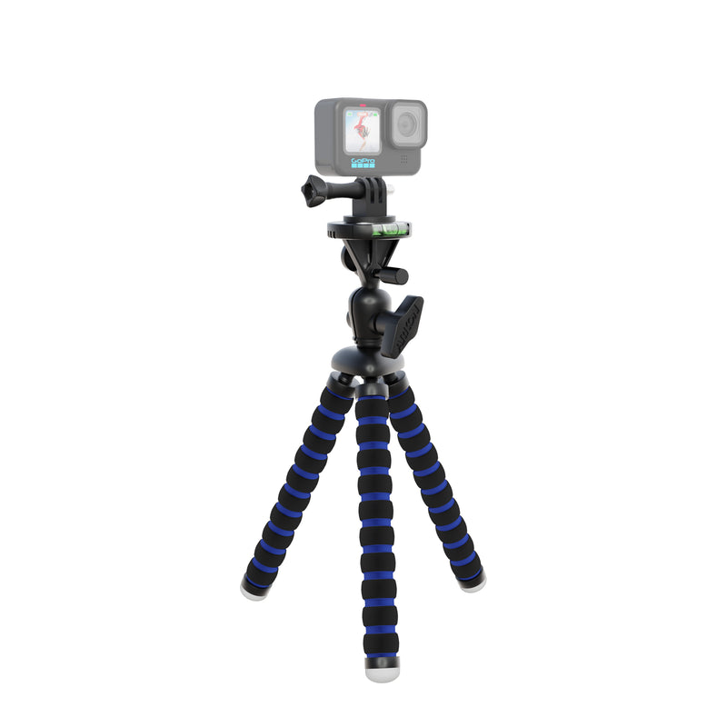A Flexible 11 Tripod for GoPro HERO Action Cameras with black and blue striped, bendable legs holds a compact action camera upright on a white background.
