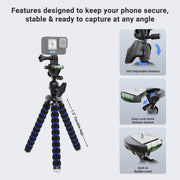 The Flexible 11 Tripod for GoPro HERO Action Cameras features 360° rotation, an easy-lock quick release system, built-in bubble level, and adjustable 7–15 legs for stable and secure mounting.