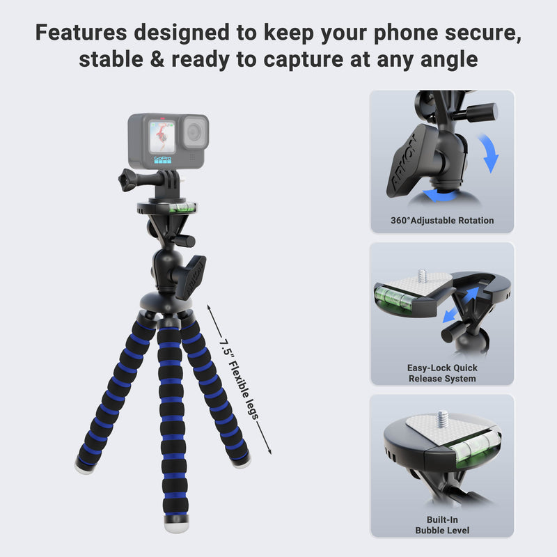 The Flexible 11 Tripod for GoPro HERO Action Cameras features 360° rotation, an easy-lock quick release system, built-in bubble level, and adjustable 7–15 legs for stable and secure mounting.