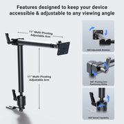 Diagram of the Heavy-Duty Seat Rail Car Mount with 22 Adjustable Arm—shows features like 11 multi-pivot arms, 360° rotation, positioning, and swivel. Includes visual examples of a universal tablet holder on the right. 4-Hole AMPS compatible.