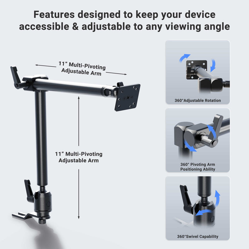 Diagram of the Heavy-Duty Seat Rail Car Mount with 22 Adjustable Arm—shows features like 11 multi-pivot arms, 360° rotation, positioning, and swivel. Includes visual examples of a universal tablet holder on the right. 4-Hole AMPS compatible.