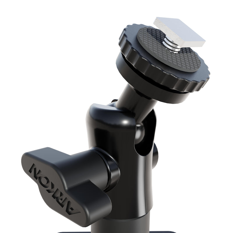 Close-up of the Arkon Mounts T-Bolt 20mm Ball Drill Base Mount, featuring a black adjustable pedestal with a textured circular top plate and a tightening knob. Designed for securely attaching cameras or accessories, this dependable mount is ideal as a vehicle monitor solution.