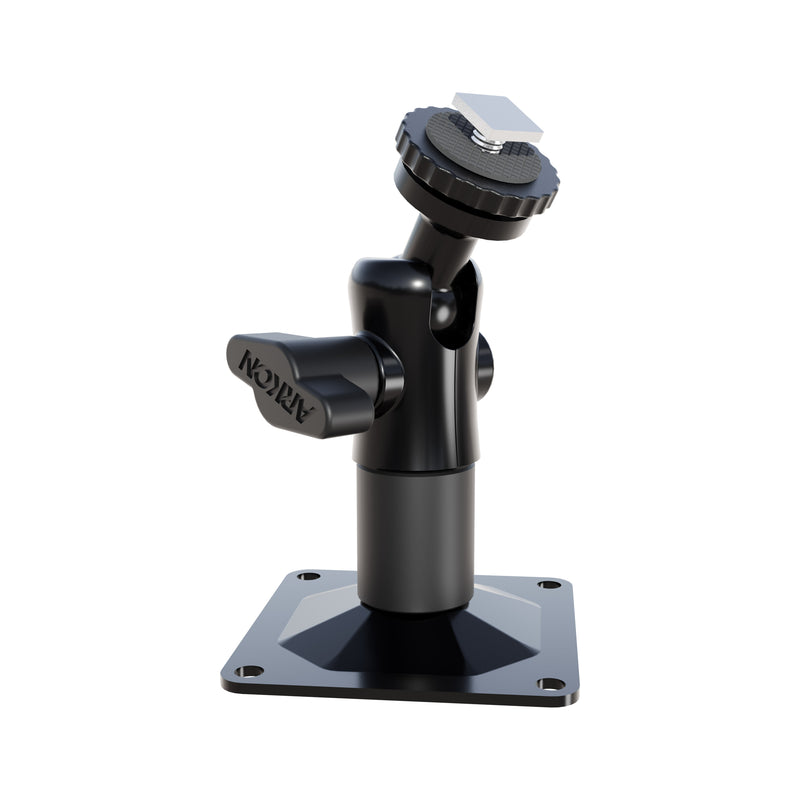 Introducing the Arkon Mounts T-Bolt 20mm Ball Drill Base Mount—a black, adjustable bracket featuring a base plate, tilt and swivel joints, and a round mounting head with a textured grip knob. Perfect for use as a vehicle monitor mount, this mount offers secure and flexible positioning for your equipment.