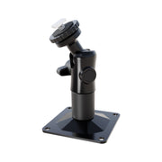 A black Arkon Mounts T-Bolt 20mm Ball Drill Base Mount with a square base and adjustable tilting joint, designed for attaching devices or equipment, shown on a white background.