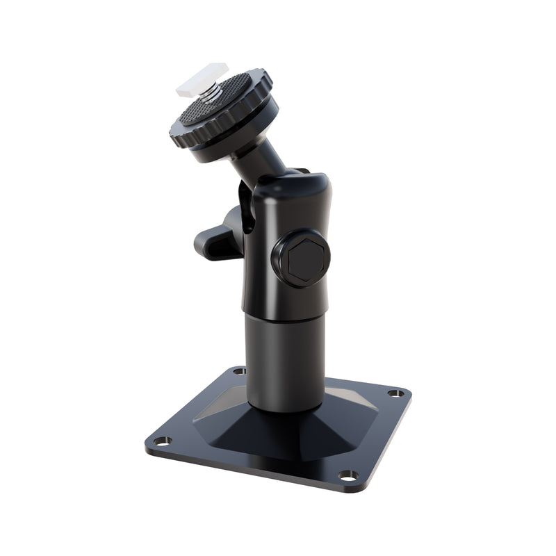 A black Arkon Mounts T-Bolt 20mm Ball Drill Base Mount with a square base and adjustable tilting joint, designed for attaching devices or equipment, shown on a white background.