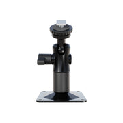 Introducing the Arkon Mounts T-Bolt 20mm Ball Drill Base Mount—a black adjustable pedestal bracket featuring a square base, rotating knob, and top screw mount. Designed for attaching cameras or devices, this sturdy vehicle monitor mount ensures secure installation.
