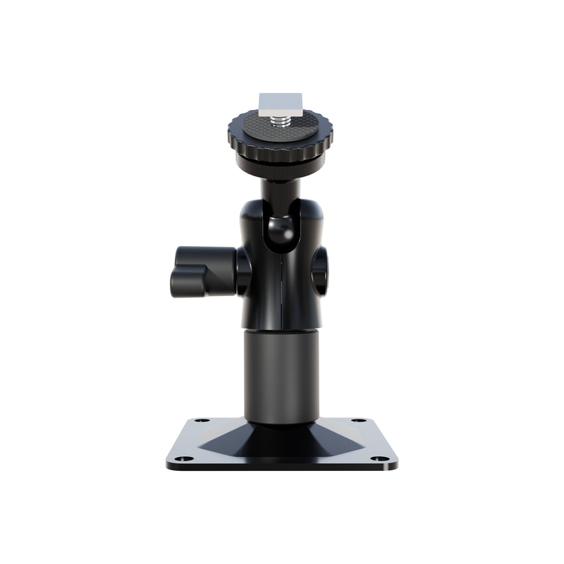 Introducing the Arkon Mounts T-Bolt 20mm Ball Drill Base Mount—a black adjustable pedestal bracket featuring a square base, rotating knob, and top screw mount. Designed for attaching cameras or devices, this sturdy vehicle monitor mount ensures secure installation.