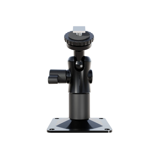 Introducing the Arkon Mounts T-Bolt 20mm Ball Drill Base Mount—a black adjustable pedestal bracket featuring a square base, rotating knob, and top screw mount. Designed for attaching cameras or devices, this sturdy vehicle monitor mount ensures secure installation.