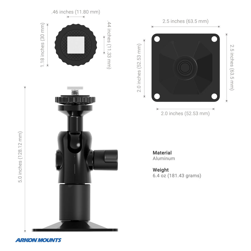 Arkon Mounts T-Bolt 20mm Ball Drill Base Mount featuring a black aluminum pedestal with adjustment knobs, detachable square plate, and sturdy base. Each component’s measurements and weight are specified, with the tallest part measuring 5 inches.