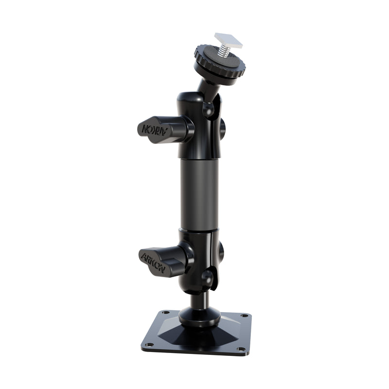 The Arkon Mounts T-Bolt 20mm Ball Drill Base Mount is an adjustable black metal mounting bracket featuring two locking knobs, a square base, and a screw mount on top, designed as a reliable pedestal for securely attaching devices such as cameras, sensors, or vehicle monitors.
