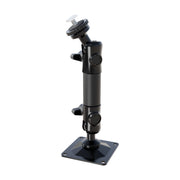 The Arkon Mounts T-Bolt 20mm Ball Drill Base Mount is a black adjustable mounting bracket with a square base, two angle joints, and a screw mount on top, designed to securely attach devices or equipment as a reliable pedestal mount. The product is displayed against a plain white background.