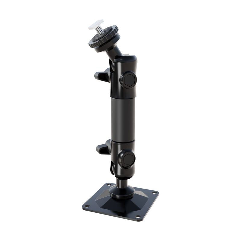 The Arkon Mounts T-Bolt 20mm Ball Drill Base Mount is a black adjustable mounting bracket with a square base, two angle joints, and a screw mount on top, designed to securely attach devices or equipment as a reliable pedestal mount. The product is displayed against a plain white background.