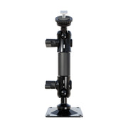 The Arkon Mounts T-Bolt 20mm Ball Drill Base Mount features a black, square-base adjustable bracket with dual tightening knobs and a top screw mount, making it an ideal and sturdy solution for attaching cameras or devices as a pedestal mount in vehicle monitor installations.
