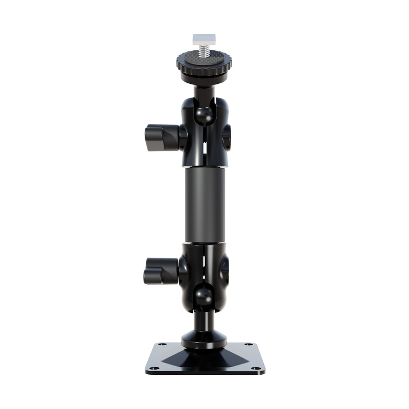 The Arkon Mounts T-Bolt 20mm Ball Drill Base Mount features a black, square-base adjustable bracket with dual tightening knobs and a top screw mount, making it an ideal and sturdy solution for attaching cameras or devices as a pedestal mount in vehicle monitor installations.