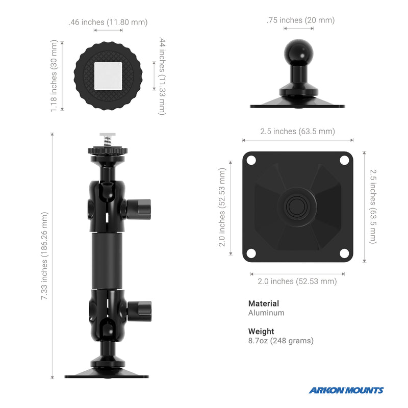 Technical diagram displaying dimensions and views of the Arkon Mounts T-Bolt 20mm Ball Drill Base Mount in black aluminum, with labeled measurements and weight. Designed as a versatile pedestal mount, it is suitable for use as a vehicle monitor mount or with T-bolt mount systems. Front, side, and top views are shown with both metric and imperial units.