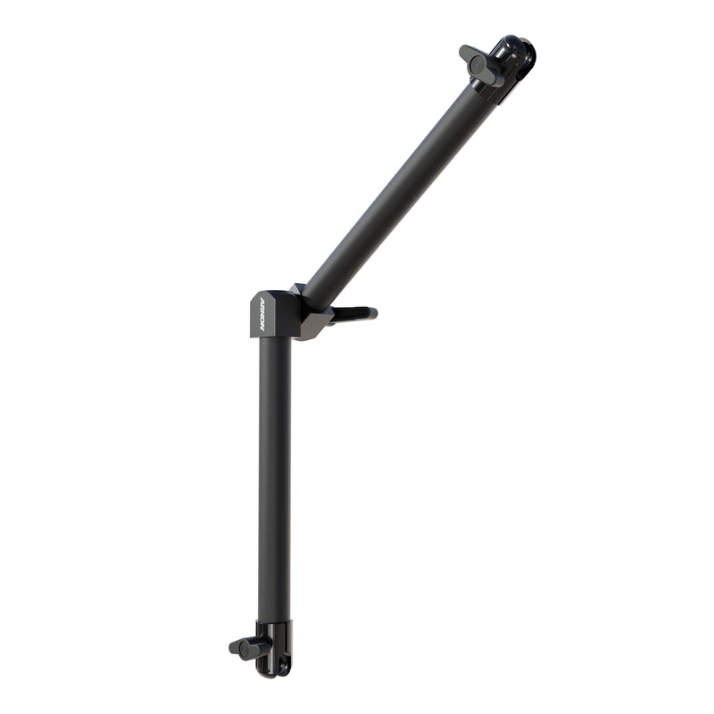 The Arkon Mounts Dual 20mm Ball Socket Adjustable Pivot Arm is a black, heavy-duty mounting arm featuring two joints and clamps at each end for secure attachment, along with dual 20mm ball sockets that allow for smooth pivoting adjustments.