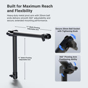 Here is the rewritten sentence incorporating the product data: The Arkon Mounts Dual 20mm Ball Socket Adjustable Pivot Arm is shown, featuring metal construction with 20mm ball ends and a tightening knob. Diagrams highlight its 360° pivoting adjustment and versatile, adjustable design for flexible mounting. Text describes this heavy-duty mount as offering a multi-pivoting adjustable arm with secure dual 20mm ball sockets for reliable performance.