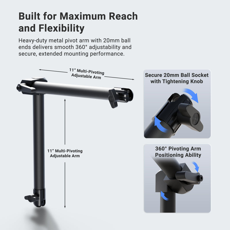 Here is the rewritten sentence incorporating the product data: The Arkon Mounts Dual 20mm Ball Socket Adjustable Pivot Arm is shown, featuring metal construction with 20mm ball ends and a tightening knob. Diagrams highlight its 360° pivoting adjustment and versatile, adjustable design for flexible mounting. Text describes this heavy-duty mount as offering a multi-pivoting adjustable arm with secure dual 20mm ball sockets for reliable performance.