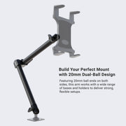 Arkon Mounts Dual 20mm Ball Socket Adjustable Pivot Arm shown beside text: Build Your Perfect Mount with 20mm Dual-Ball Design. Featuring 20mm ball ends on both sides and a robust dual-ball socket, this heavy-duty arm delivers strong, flexible setups with precise pivoting adjustment.