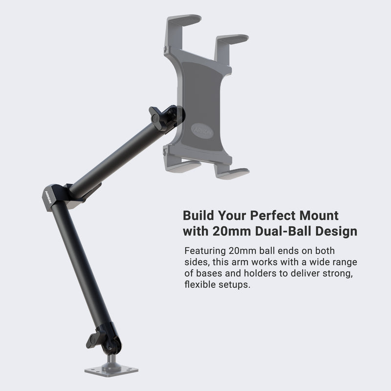 Arkon Mounts Dual 20mm Ball Socket Adjustable Pivot Arm shown beside text: Build Your Perfect Mount with 20mm Dual-Ball Design. Featuring 20mm ball ends on both sides and a robust dual-ball socket, this heavy-duty arm delivers strong, flexible setups with precise pivoting adjustment.