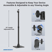 The Desk Stand with 29 Height Adjustable Arm for MEVO, Cameras features a 1/4-inch screw, 360° rotation, and 90° tilt for customizable angles—ideal as a camera desk holder for flexible and accessible live streaming setups.