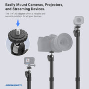 The image shows the Desk Stand with 29 Height Adjustable Arm for MEVO, Cameras, used as a live streaming mount for Sony cameras, MEVO cam, action cams, projectors, and streaming devices on tripod stands with a 1/4-20 adapter.