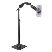 The Remarkable Creator™ Pro Mount with MagSafe Compatible Holder, featuring a black adjustable design and sturdy base, securely holds a smartphone in landscape orientation—ideal for creator content setups, with the phone screen showcasing a vibrant abstract design.