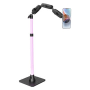 The Remarkable Creator™ Pro Mount with MagSafe Compatible Holder features a pink vertical pole, black adjustable joints, and a rectangular black base that securely holds your smartphone in landscape orientation at the top—making it the perfect overhead camera mount for any content creator setup.