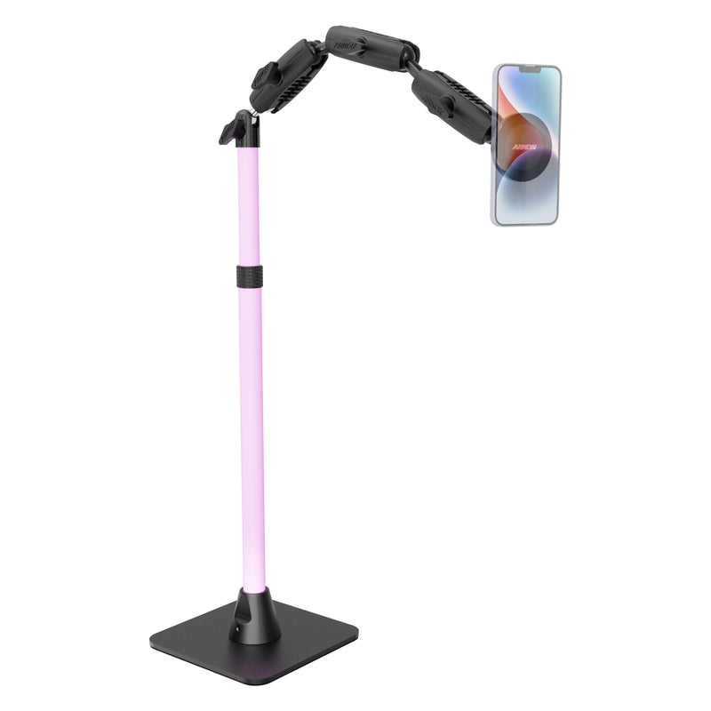 The Remarkable Creator™ Pro Mount with MagSafe Compatible Holder features a pink vertical pole, black adjustable joints, and a rectangular black base that securely holds your smartphone in landscape orientation at the top—making it the perfect overhead camera mount for any content creator setup.