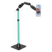 The Remarkable Creator™ Pro Mount with MagSafe Compatible Holder, shown in teal and black, keeps a smartphone securely in a horizontal position with its weighted black base and multiple adjustable joints for flexible positioning. Perfect for creator content setups, it displays the phone’s colorful screen prominently.