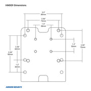 Technical diagram of the Taxi Headrest Tablet Mobile Printer Payment Terminal Mount - 4-Hole AMPS Compatible, showing labeled dimensions (inches/mm), rectangular plate with rounded corners, and hole positions/spacing.