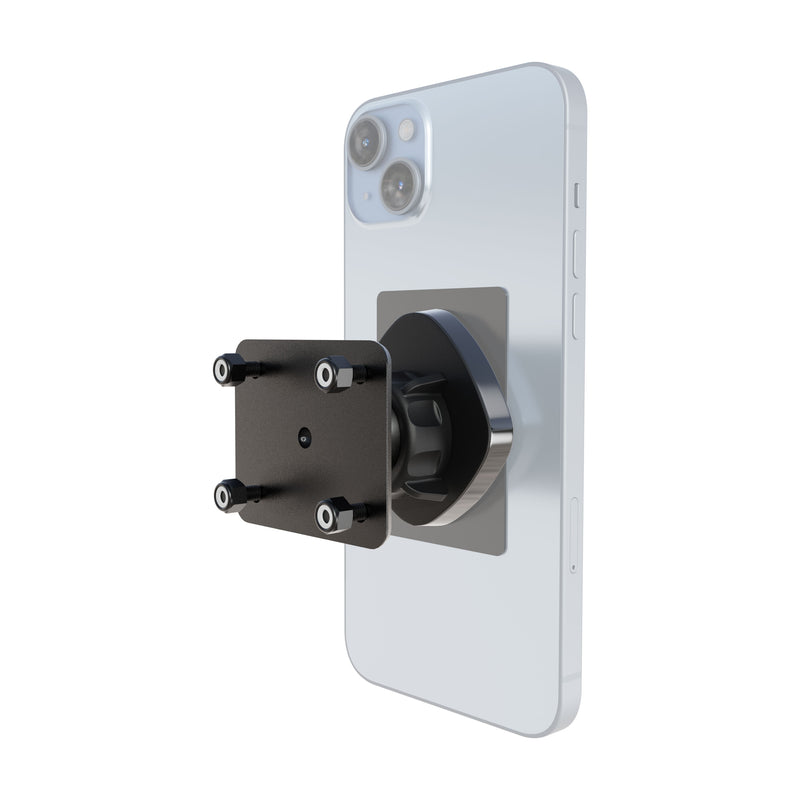 A white smartphone with a dual camera features the Arkon Mounts Magnetic Holder with Adhesive Drill Base Mount—a black, square 4-hole AMPS adapter plate secured with four screws and a central knob—attached to its back for compatibility with most car mount systems. The side buttons of the phone remain visible.