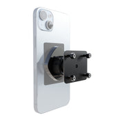 A white smartphone with a black Arkon Mounts Magnetic Holder with Adhesive Drill Base Mount attached to its back, shown from an angle highlighting the connection mechanism of the holder and its compatibility with a 4-hole AMPS adapter.